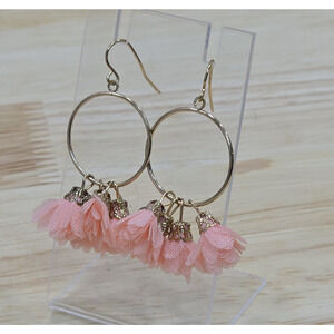 Drop Gold Tone Hoop Dangle Earrings Peach Flower Tassels French Hook Girlcore